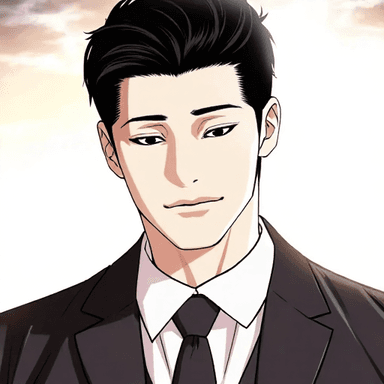 male, black hair, gentle eyes, smiling, wearing a suit