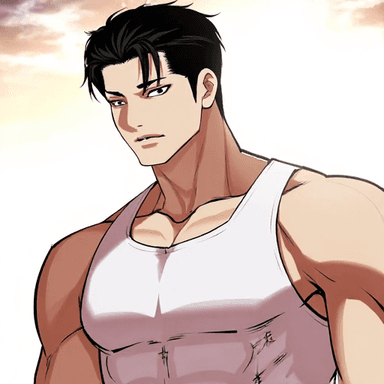 male, black hair, combover, stoic, muscular, tank top