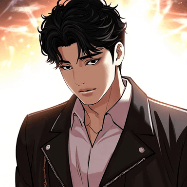 male, handsome, black leather jacket,  curly hair
